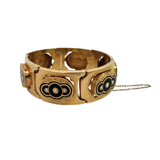 Victorian 18K Gold Black Enamel Bracelet with Natural Half Pearls – Engraved Panels & Safety Chain