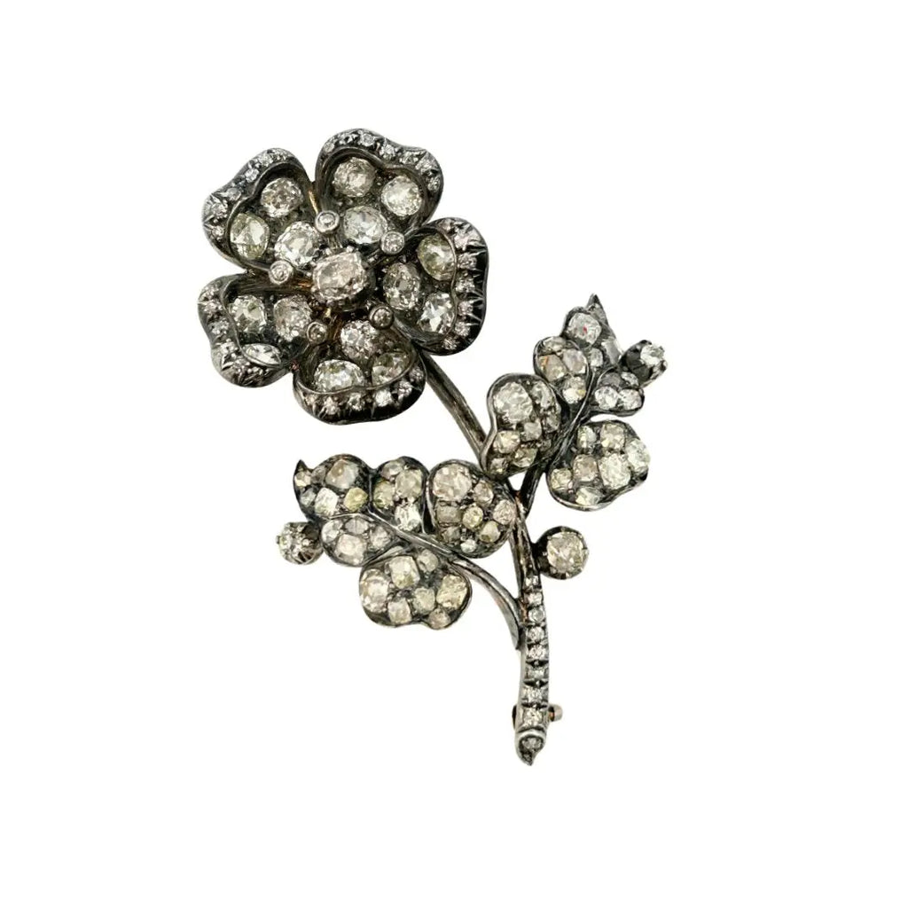 Victorian diamond tremblant flower brooch old mine cut silver gold antique