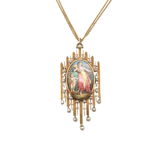 Victorian Painted Porcelain Miniature Gold Pendant of Goddess Demeter – 18K Gold with Seed Pearls – Antique Hand-Painted Portrait Jewelry