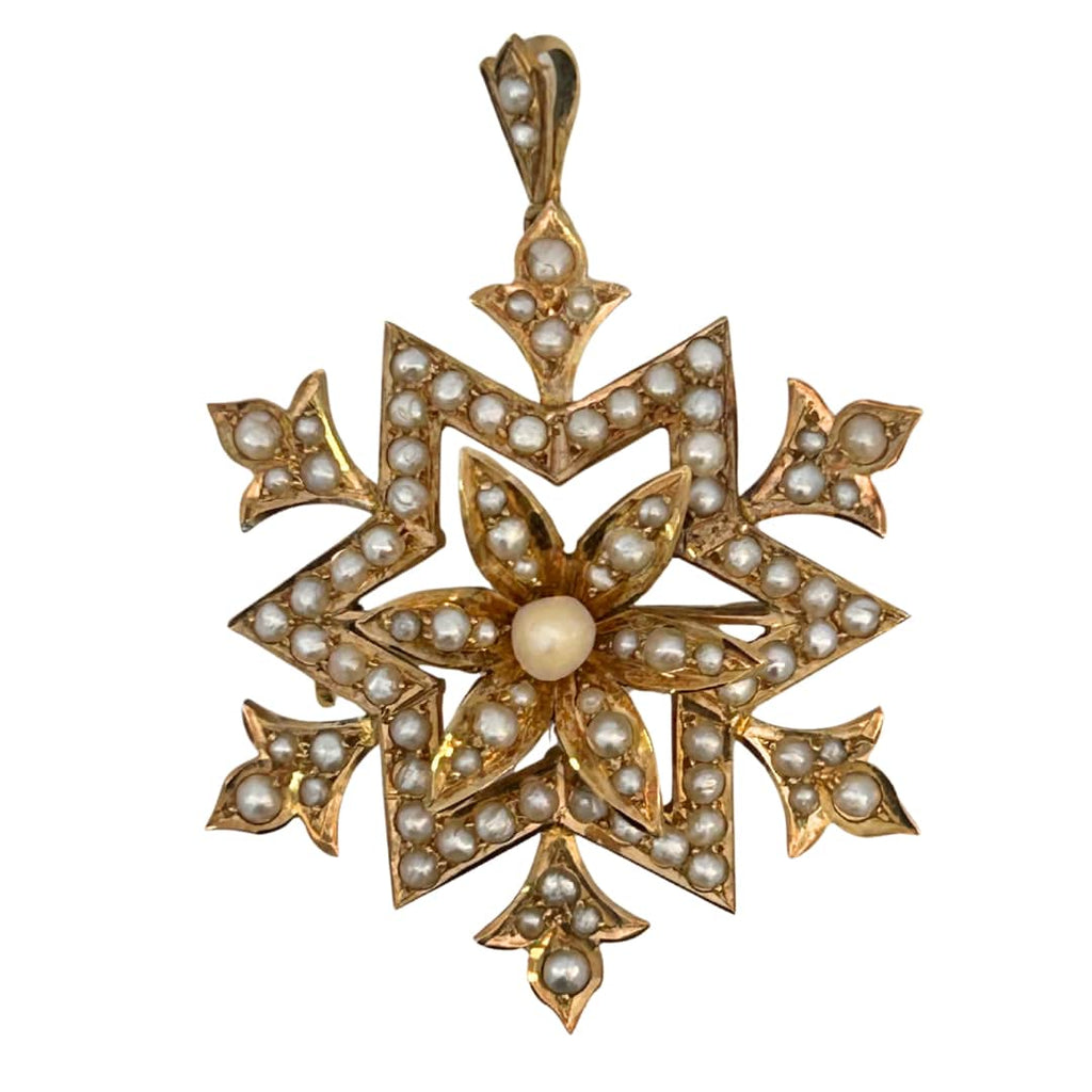 Victorian yellow gold starburst brooch pendant with natural pearls