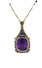 Vintage drop large cushion amethyst in 10k yellow gold and framed with seed pearls and black enamel details necklace.