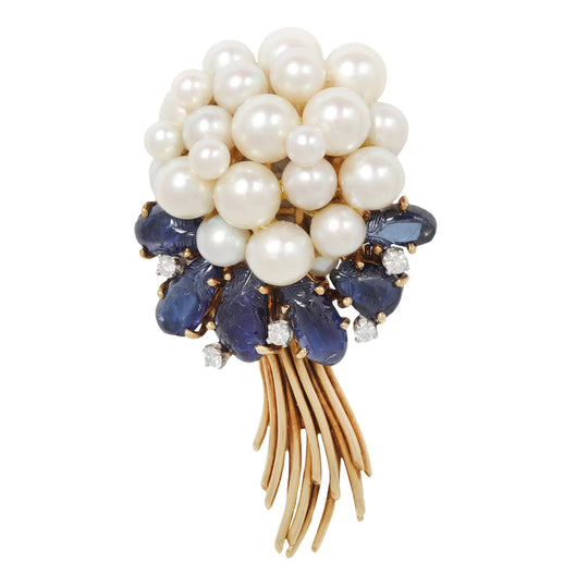 Vintage 18K Gold Pearl, Sapphire & Diamond Bouquet Brooch