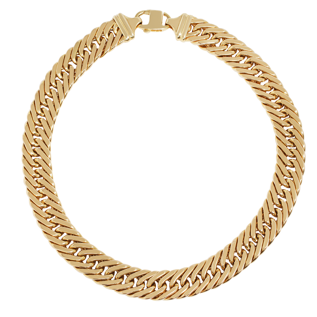 Wide 14k yellow gold double curb link gold necklace. Measure 15.0 mm wide. Large lobster clasp and collar necklace.