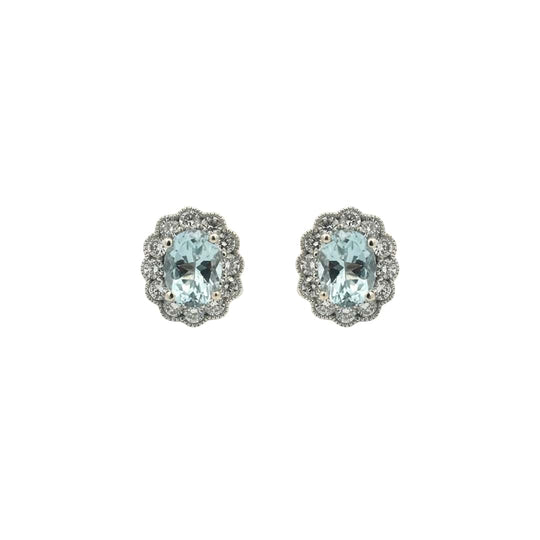 Aquamarine and Diamond Halo Stud Earrings – 14k White Gold