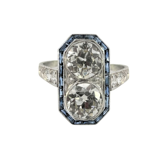 Art Deco Double Old European Cut Diamond & Sapphire Dinner Ring – Platinum