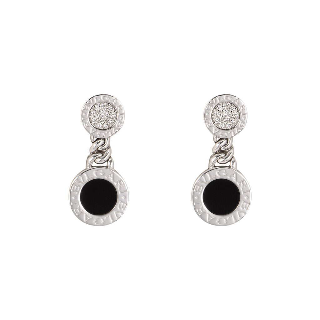 Bvlgari Bvlgari onyx and diamond drop earrings in 18k white gold with logo engraving.