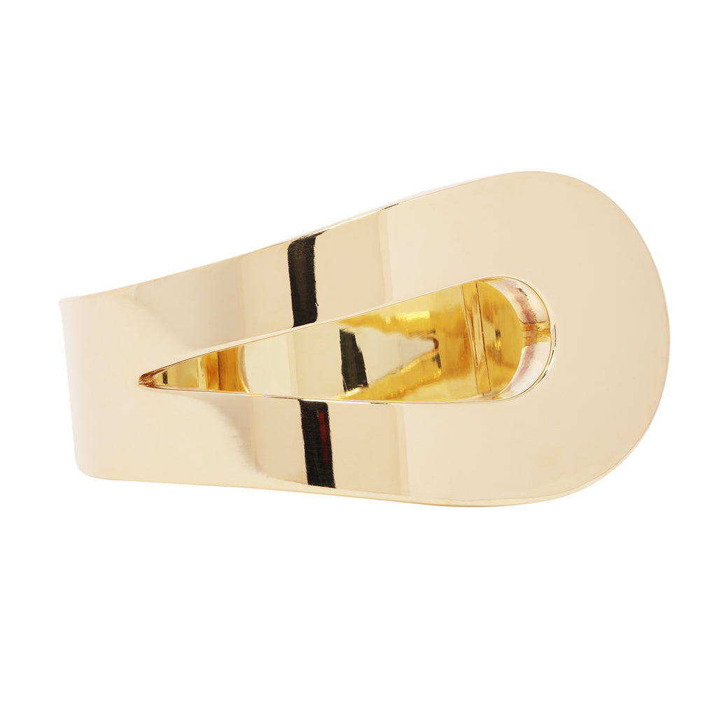 Estate Cartier 18k yellow gold hinged bangle with sculptural loop design, 40mm width.