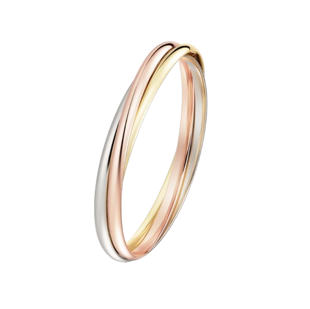 Persective view of Cartier Trinity bangle bracelet with tri-colored gold. Previously owned.