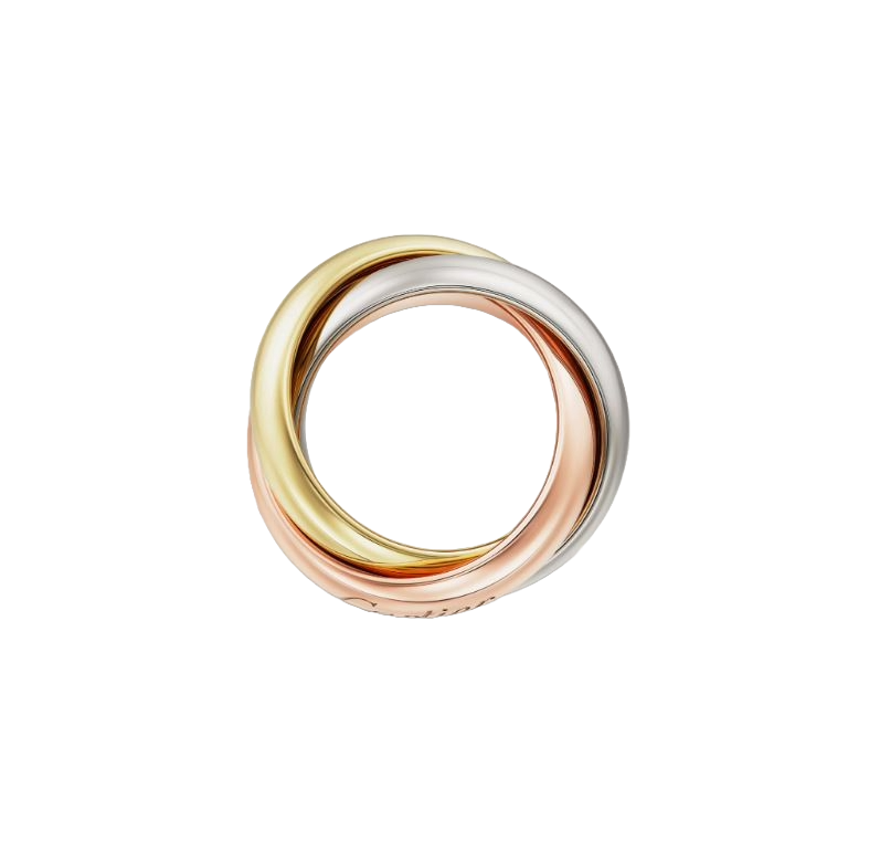 Finger view of Cartier Trinity wide band ring in three color gold. Pre-owned.