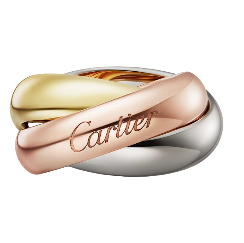 Front view of Cartier Trinity wide band ring. Pre-owned tri colored gold.