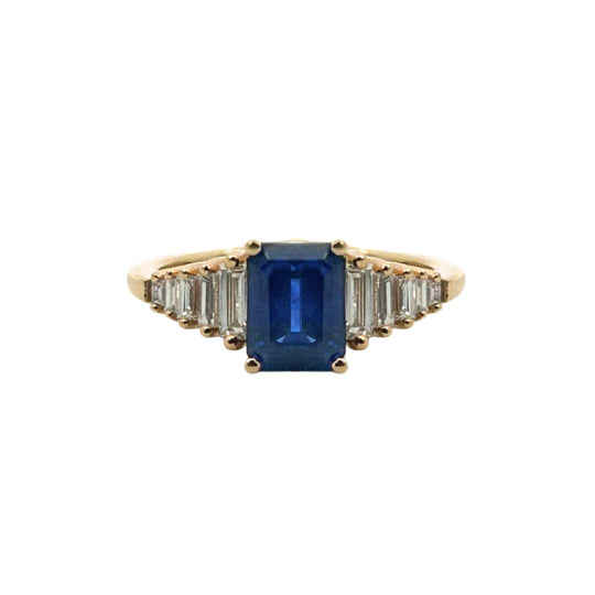 Emerald-Cut Blue Sapphire & Graduated Baguette Diamond Gold Ring