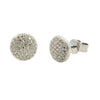 Pair of estate pavé diamond disc earrings in 14k white gold, each with 74 single-cut diamonds in slightly domed round design. Side profile