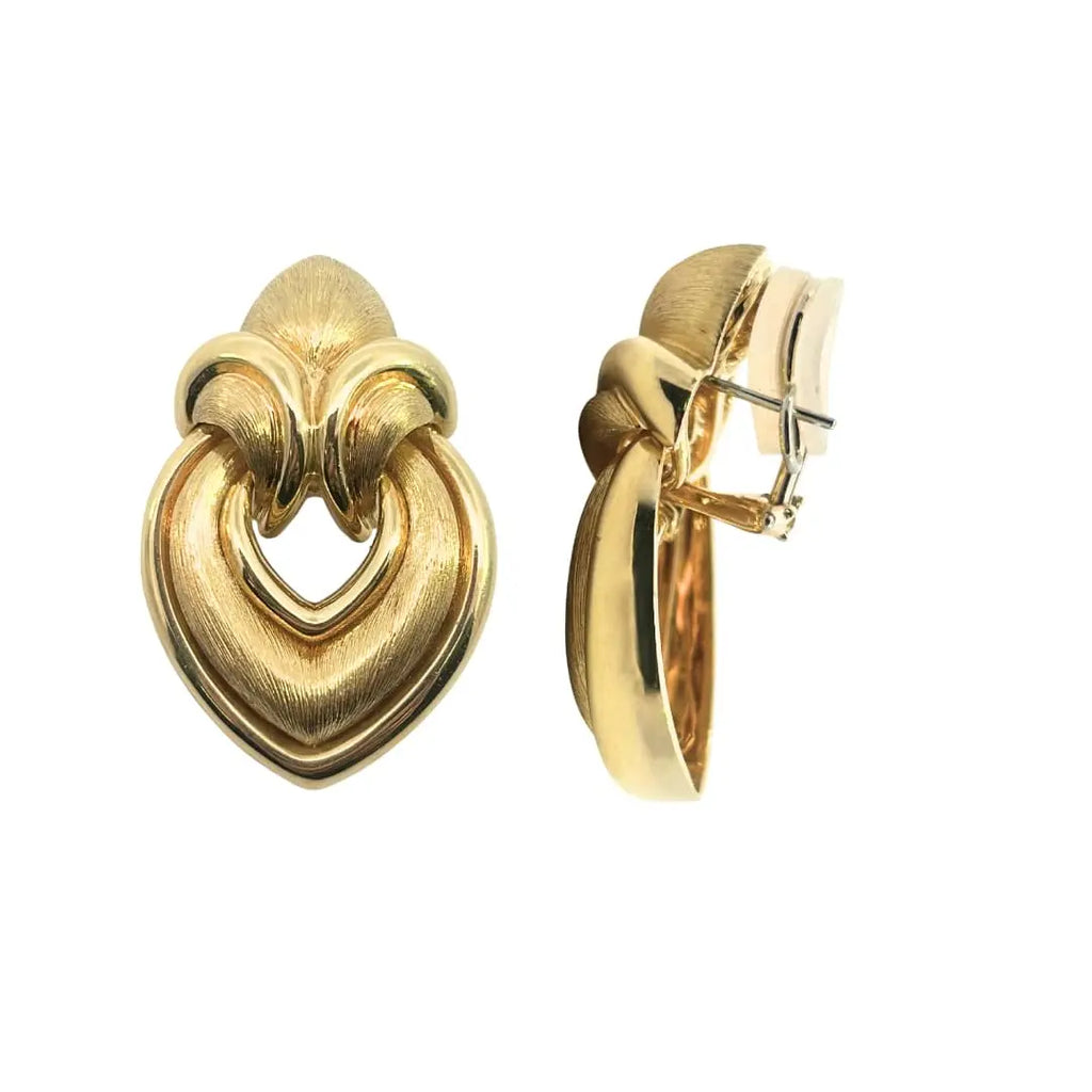 Pair of Henry Dunay 18k yellow gold doorknocker earrings with textured Sabi finish, inspired by Japanese wabi-sabi aesthetics.