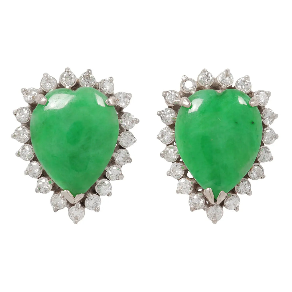 Front view of pear-shaped jadeite earrings with diamond halo settings in white gold.