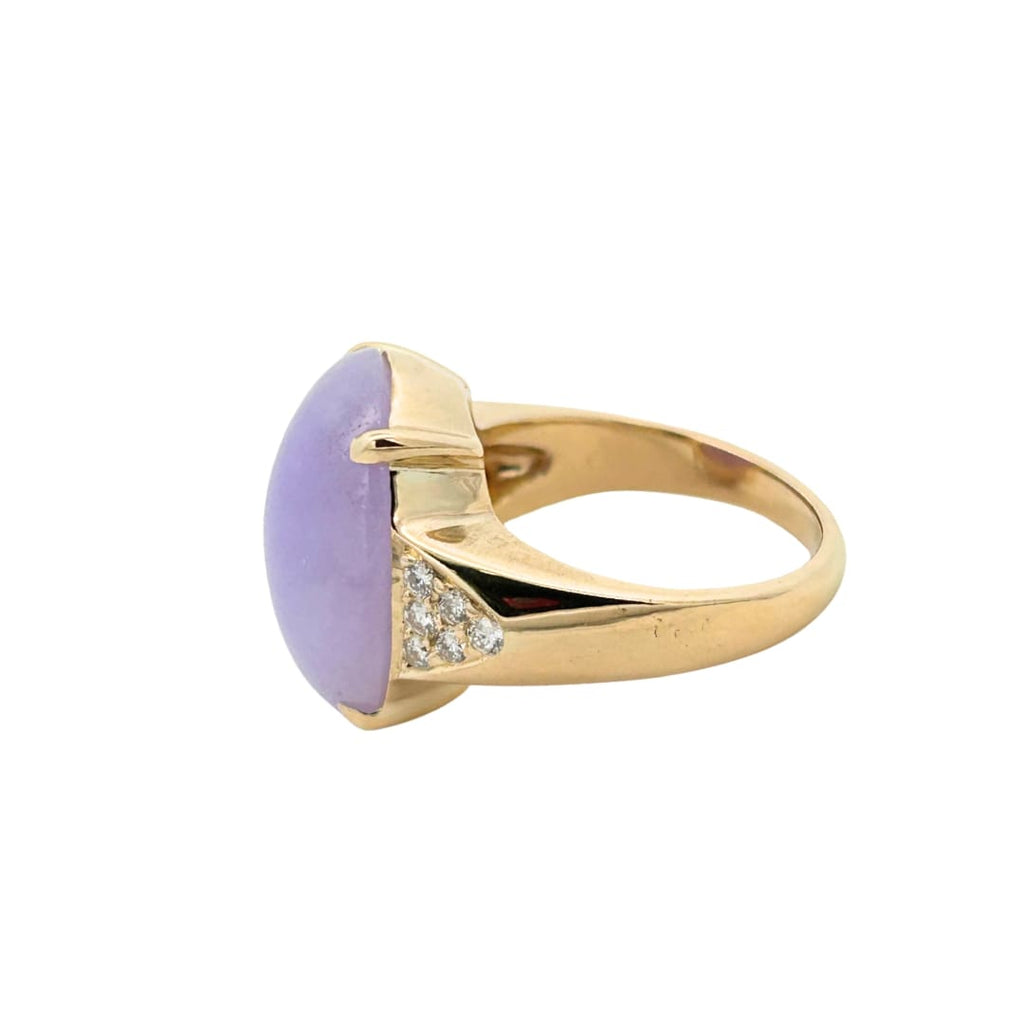 Side profile showing pavé diamond triangle detail and soft violet jade.