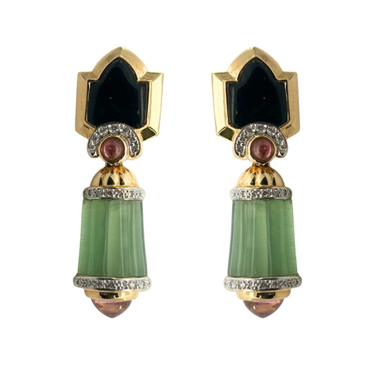 Black Onyx, Green & Pink Tourmaline Drop Earrings – 18k Yellow Gold & Diamond Accents