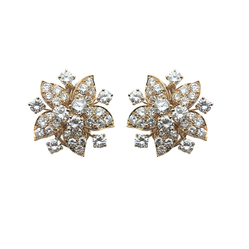 Oscar Heyman 18k yellow gold diamond flower earrings and brooch set, featuring round brilliant cut diamonds totaling approx. 10.00 carats.