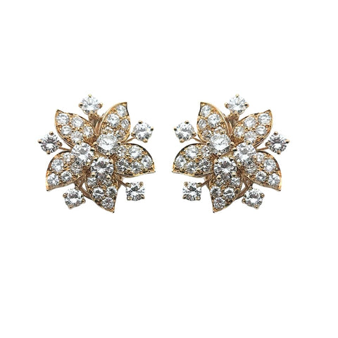 Oscar Heyman 18k yellow gold diamond flower earrings and brooch set, featuring round brilliant cut diamonds totaling approx. 10.00 carats.