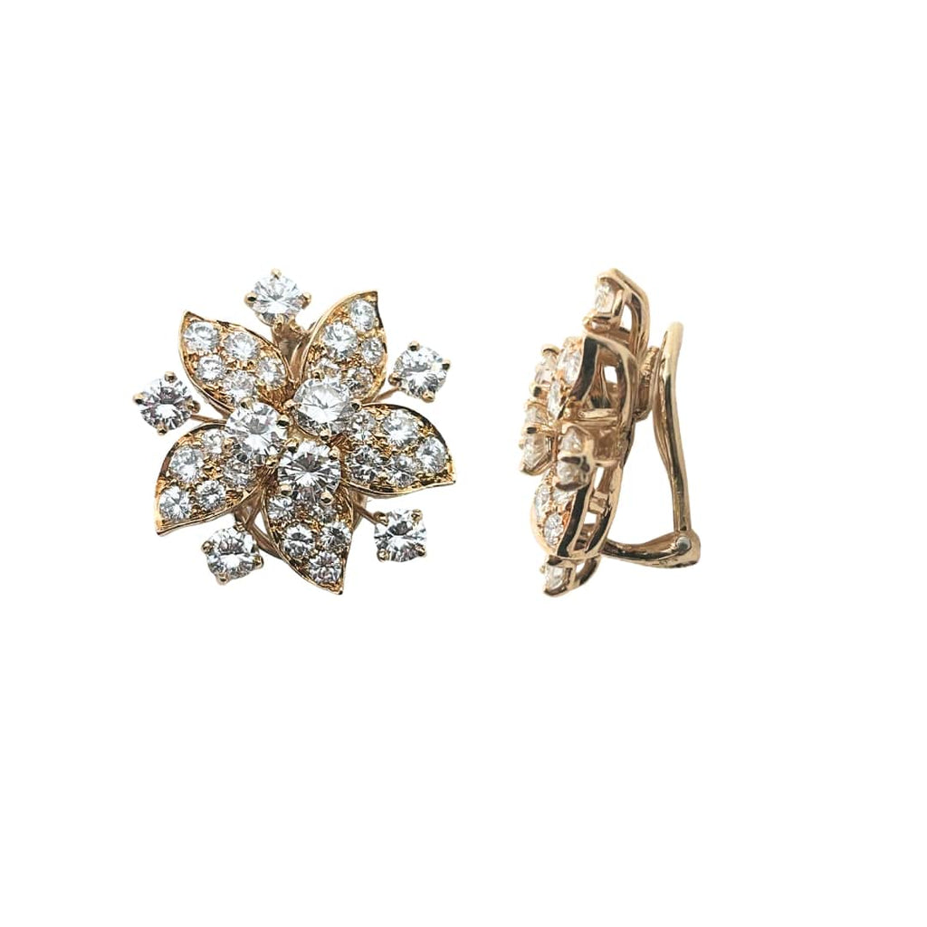Oscar Heyman 18k yellow gold diamond flower earrings and brooch set, featuring round brilliant cut diamonds totaling approx. 10.00 carats.