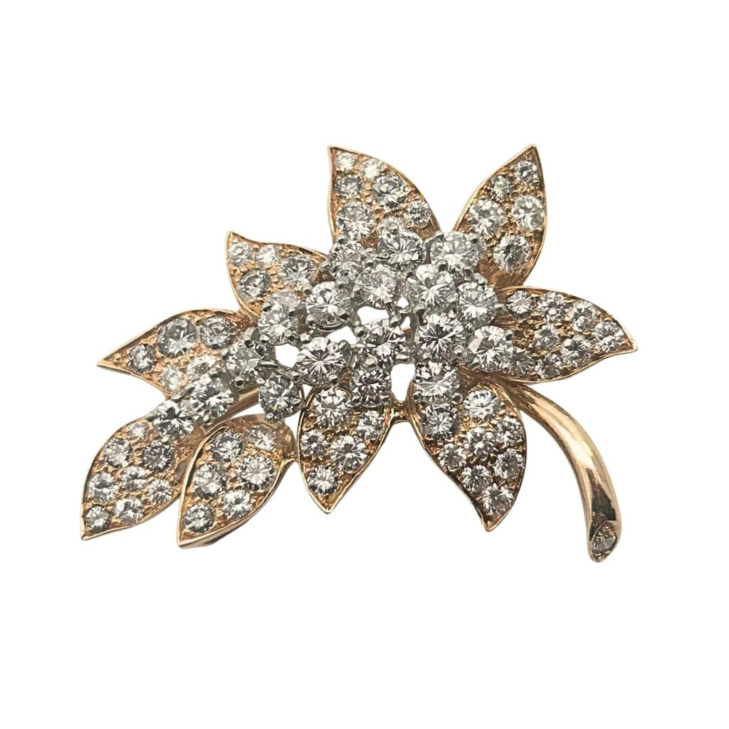 Oscar Heyman 18k yellow gold diamond flower earrings and brooch set, featuring round brilliant cut diamonds totaling approx. 10.00 carats.