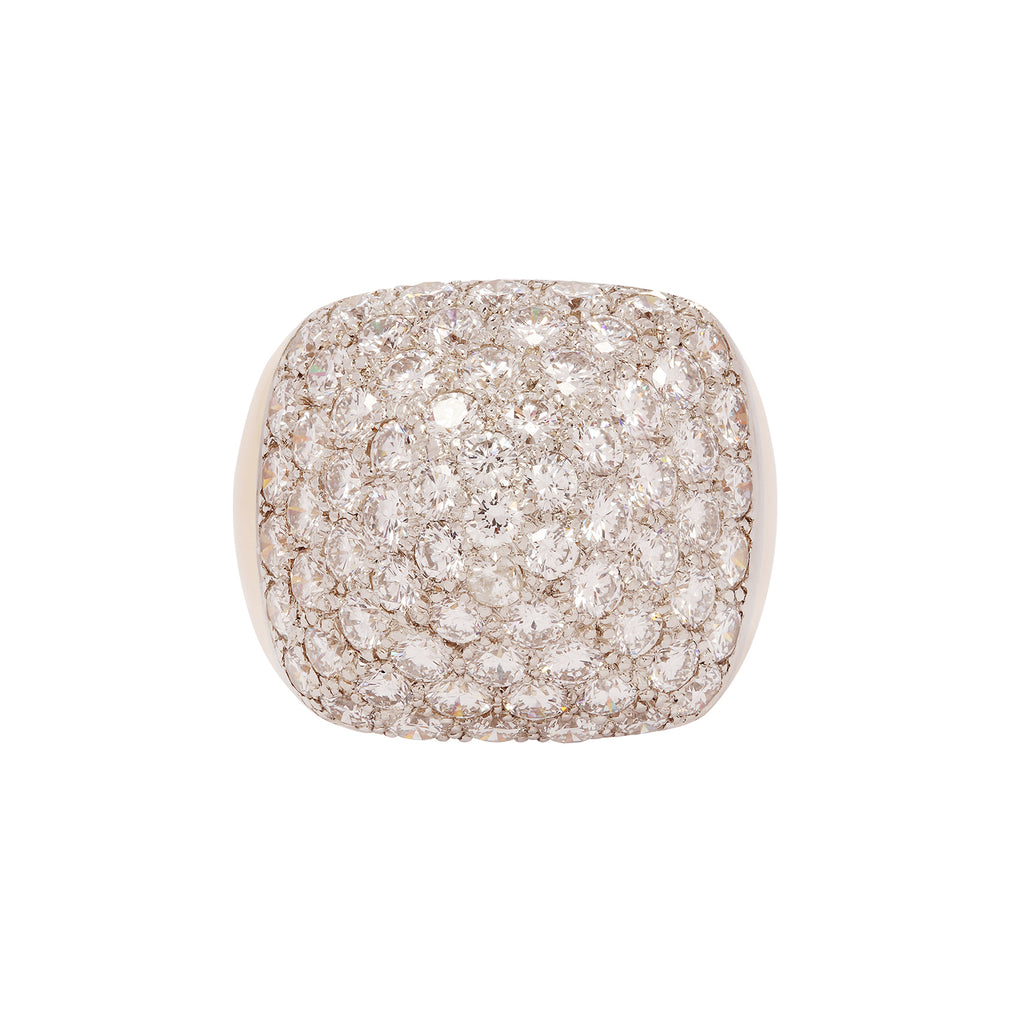 Oscar Heyman square cushion sugarloaf dome ring with platinum top, yellow gold shank, and pavé-set diamonds totaling 5.13 carats.