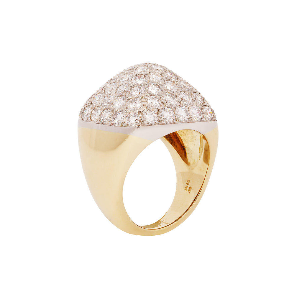 Oscar Heyman square cushion sugarloaf dome ring with platinum top, yellow gold shank, and pavé-set diamonds totaling 5.13 carats. Side view.