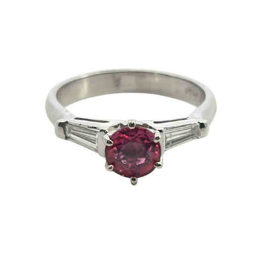 Pink Sapphire & Baguette Diamond Platinum Ring