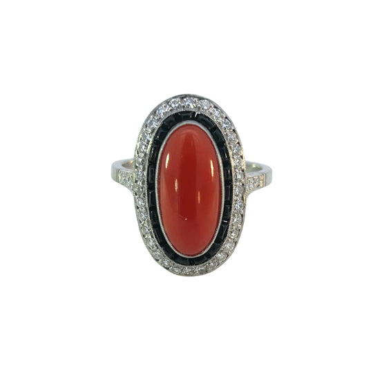 Platinum Art Deco Coral Ring Onyx and Diamond Halo