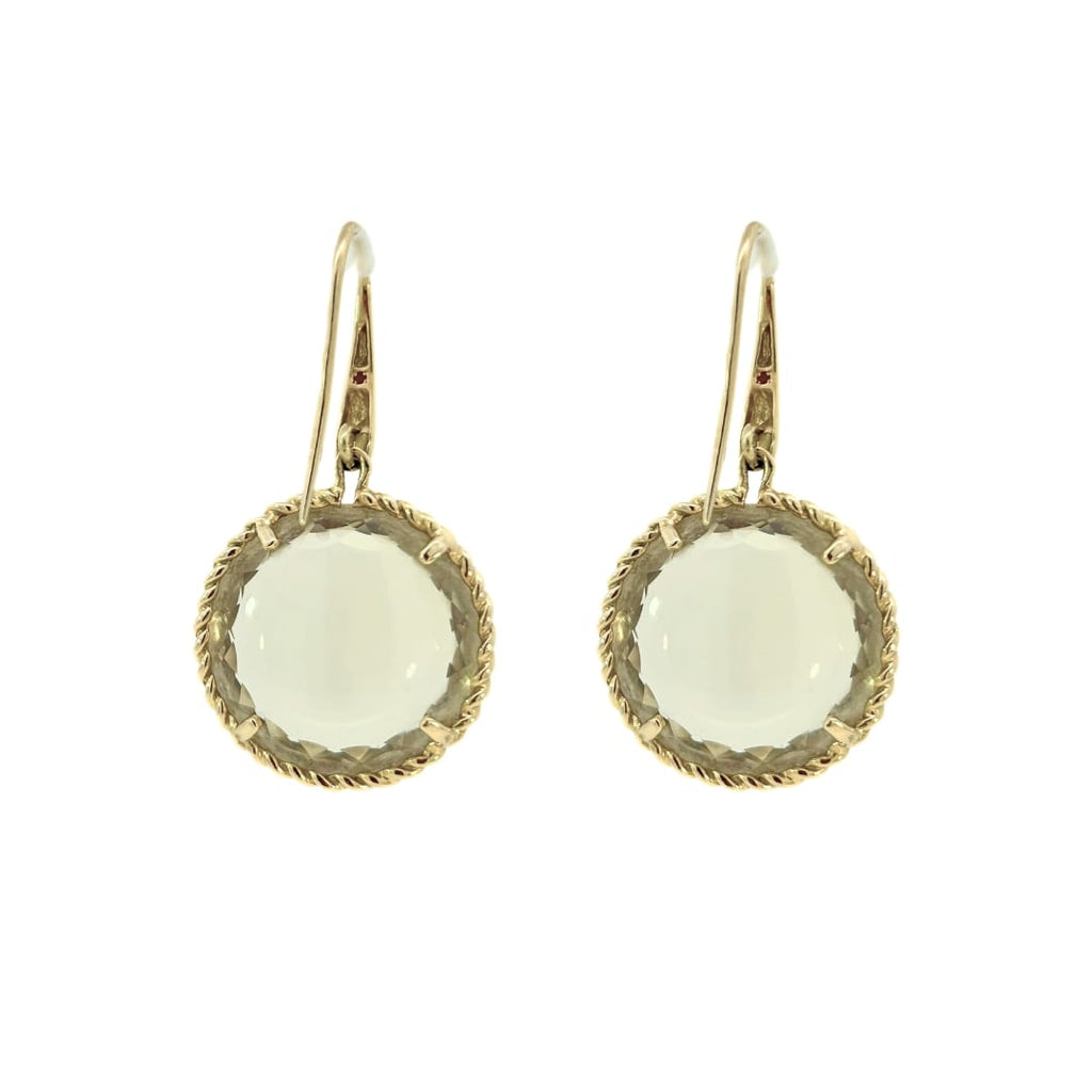 18k yellow gold Roberto Coin earrings featuring round green amethyst drops on wire hooks.