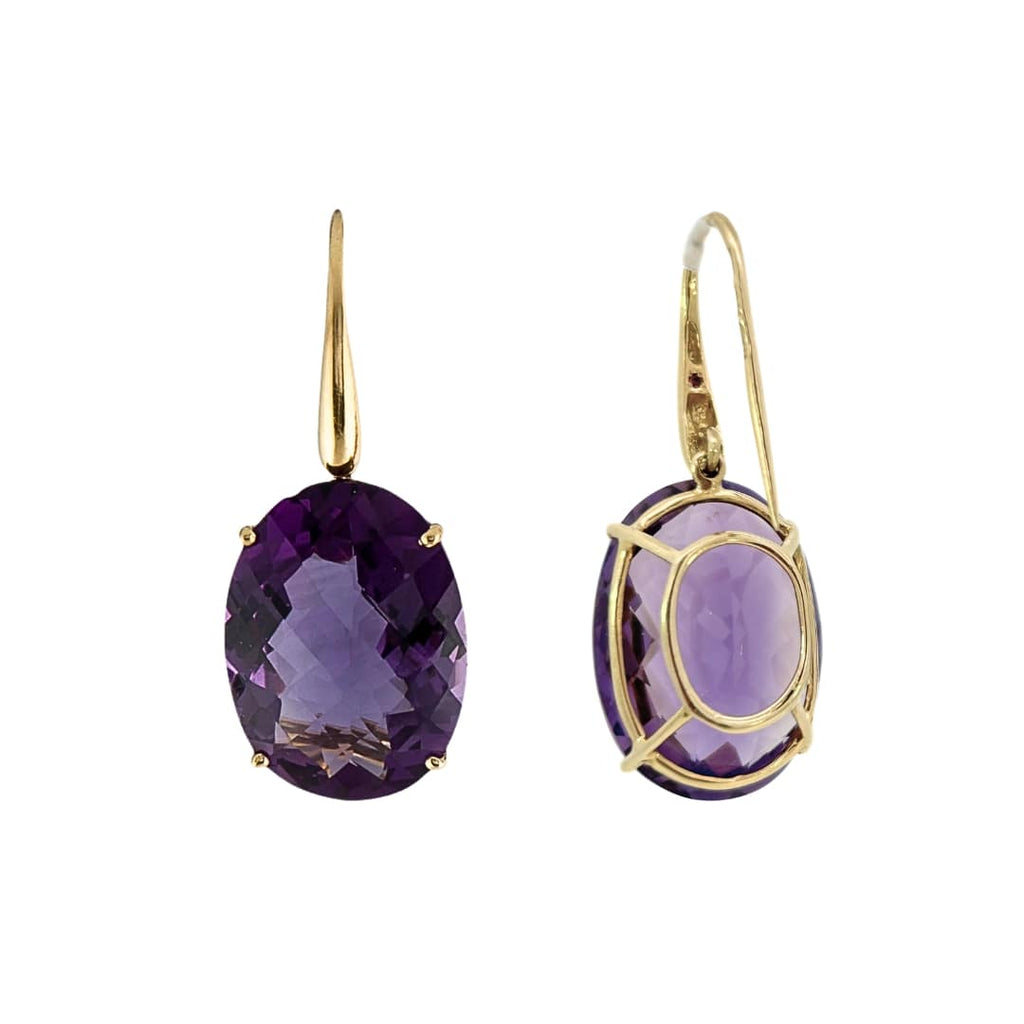 18k yellow gold Roberto Coin earrings featuring faceted amethyst drops on wire hooks.