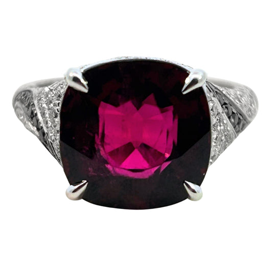 Rubellite and Diamond Swirl Ring – 18k White Gold with Black Diamond Accents