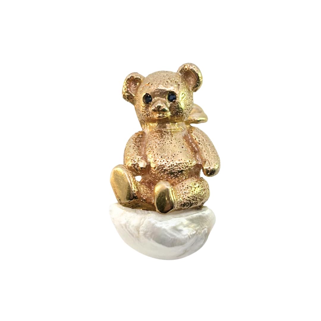 William Ruser Teddy Bear Brooch – 14k Gold, Sapphire Eyes & Freshwater ...