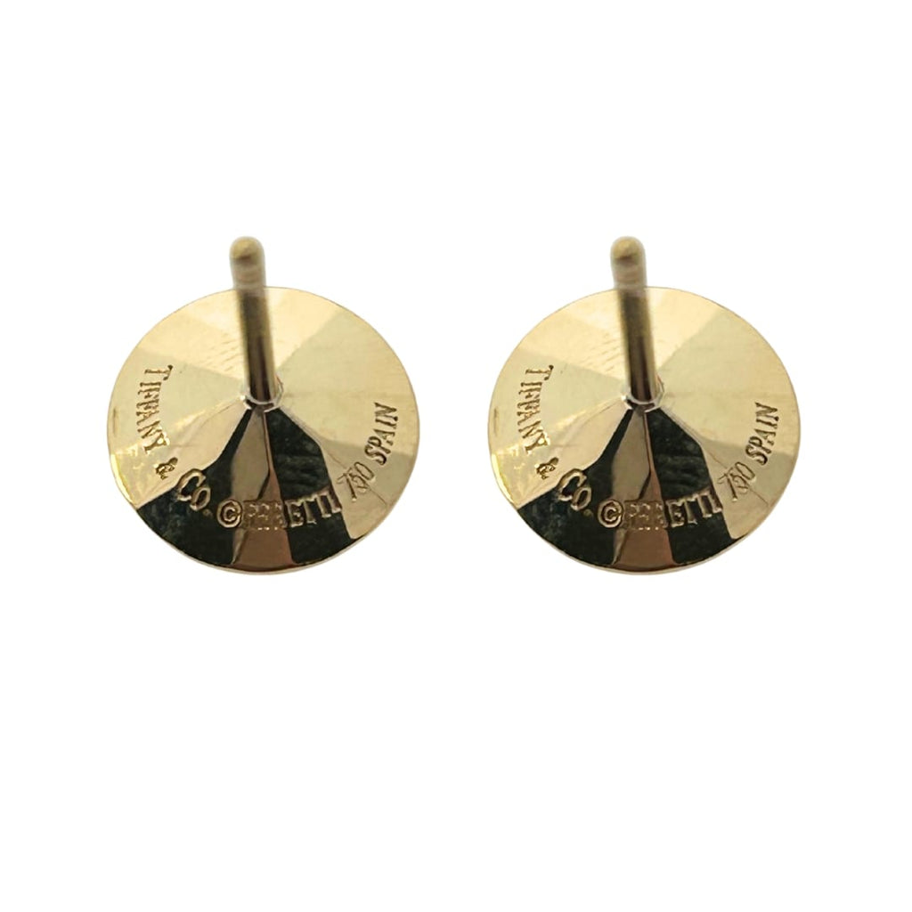 Pair of Tiffany & Co. Elsa Peretti Two Carat stud earrings in 18k yellow gold, designed as faceted round brilliant cut diamond motifs.