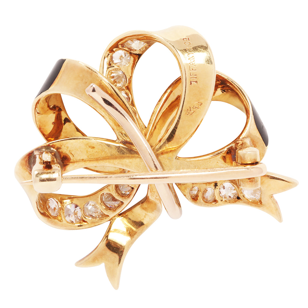 Reverse of the bow brooch showing diamonds and pin fitting.