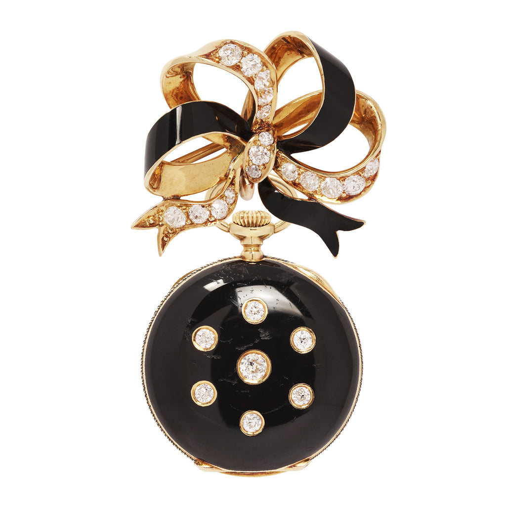 Convertible Tiffany & Co. black‑enamel lapel watch suspended from a diamond‑set gold bow brooch.