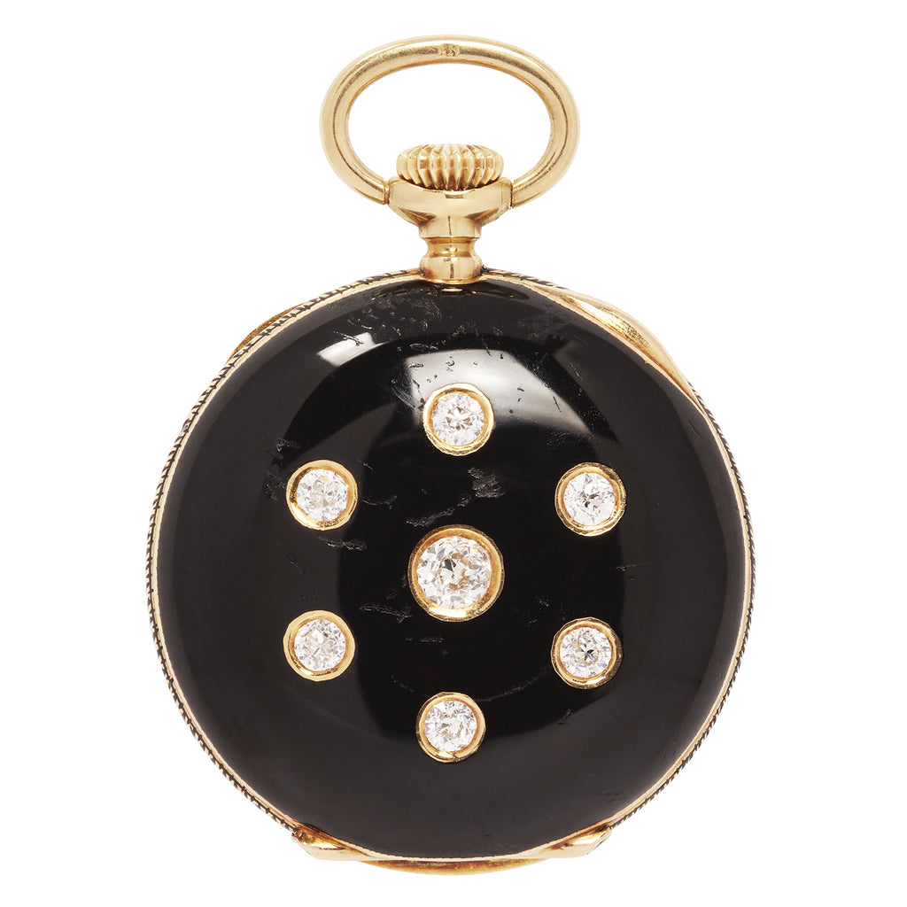 Case back with seven bezel‑set diamonds in black enamel.
