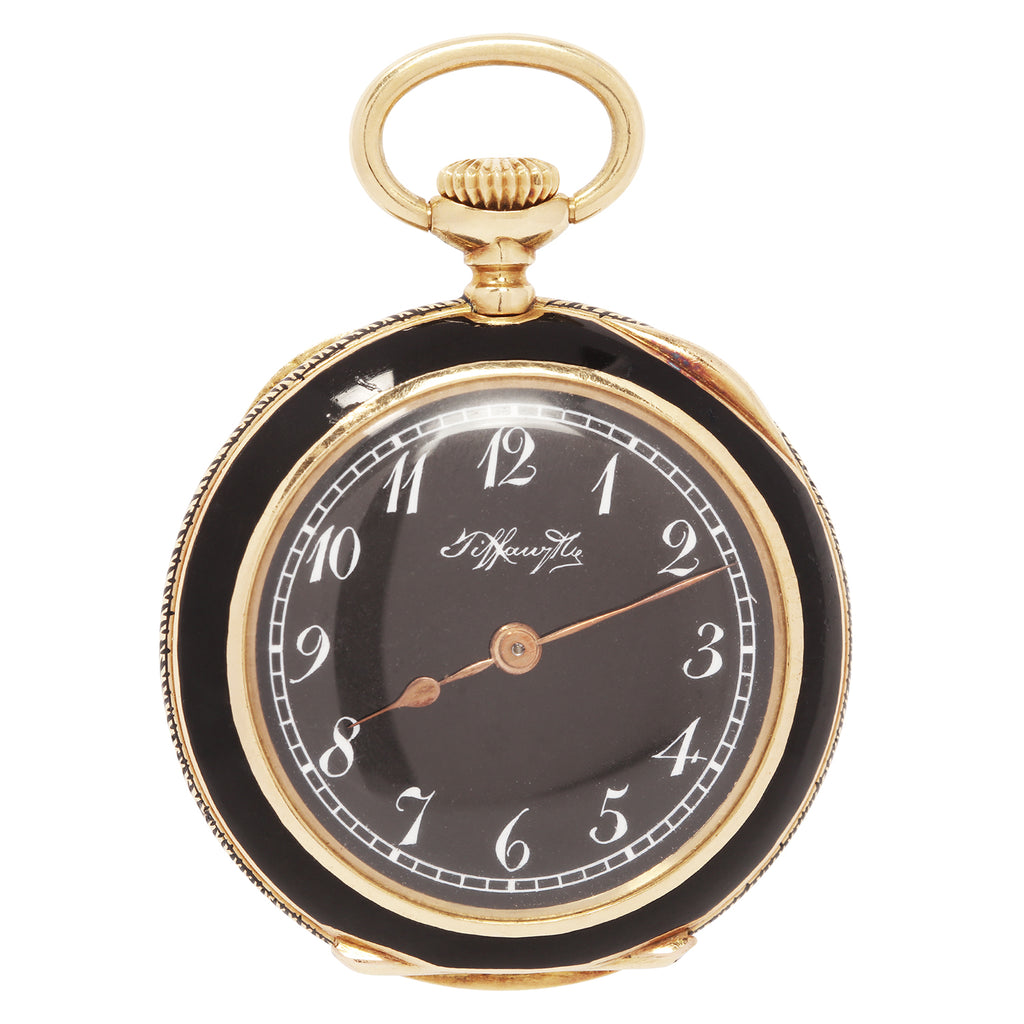Close view of the black dial with Arabic numerals signed Tiffany & Co.
