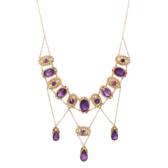 Victorian Cannetille Amethyst Seed Pearl Swag Necklace, 16"