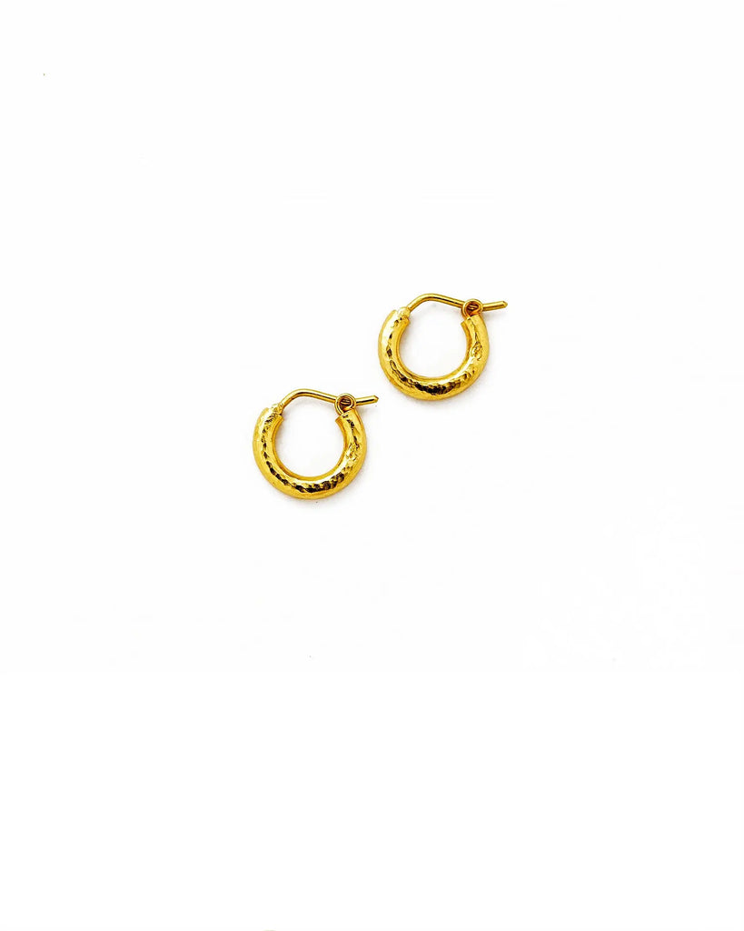 Baby hammered hoop earrings handcrafted in 19k yellow gold, front view