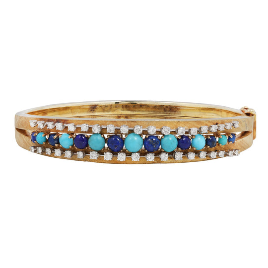Turquoise and Lapis Lazuli Cabochon Hinge Cuff Diamond Bracelet