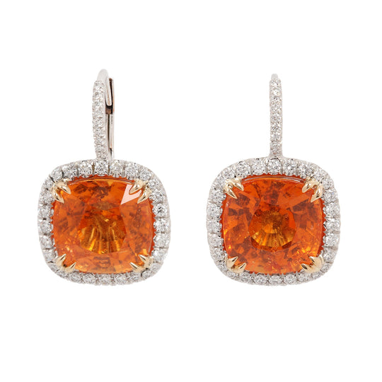 Cushion-cut Madarin Garnet Diamond Drop Earrings