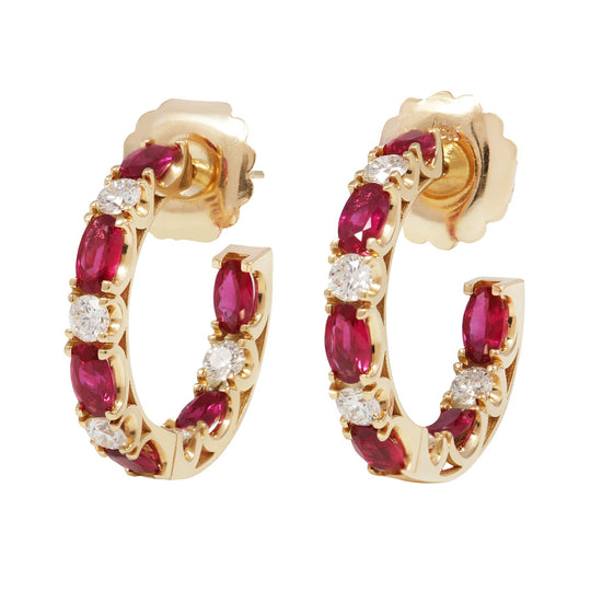 Oval Burma Ruby and Diamond Hoop Earrings