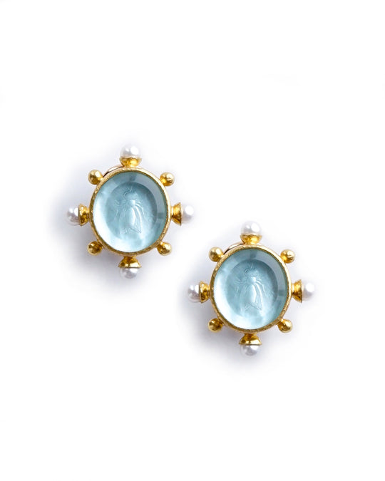 Aqua Venetian Glass Demel and Bee Intaglio and Pearl Earrings