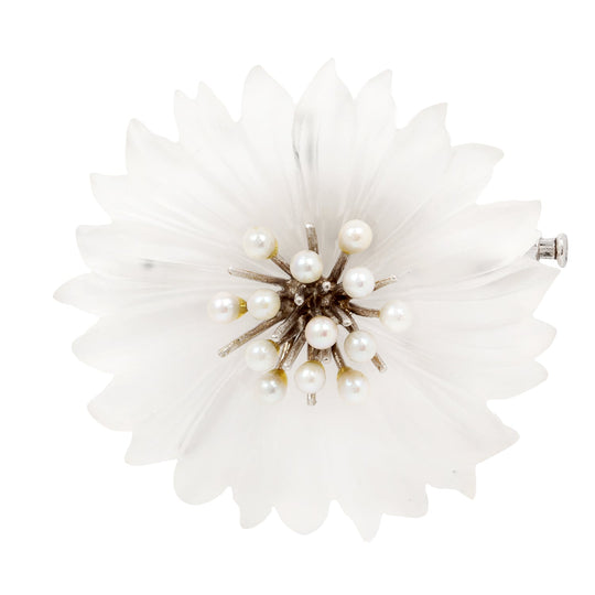 Carved Rock Crystal and Pearl Flower Brooch