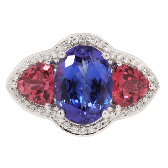Tanzanite and Pink Tourmaline Three Gemstone Ring