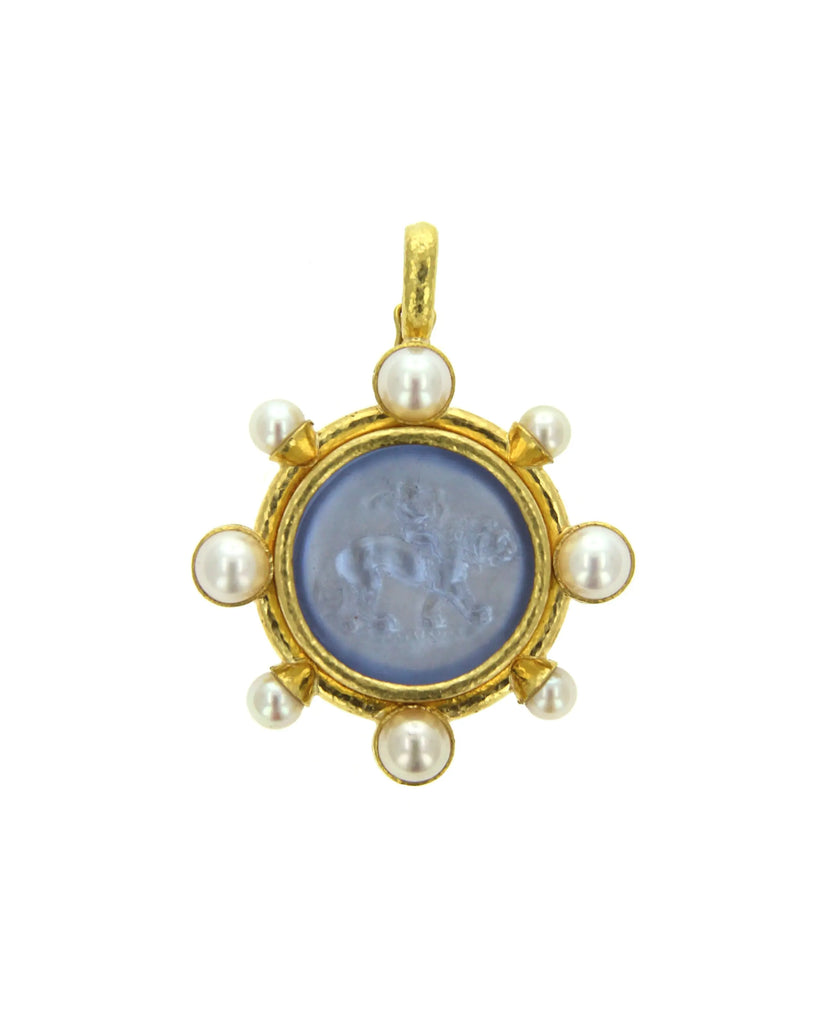 Cerulean Venetian glass Cupid Riding a Lion intaglio pendant with pearls and 19k yellow gold, front view