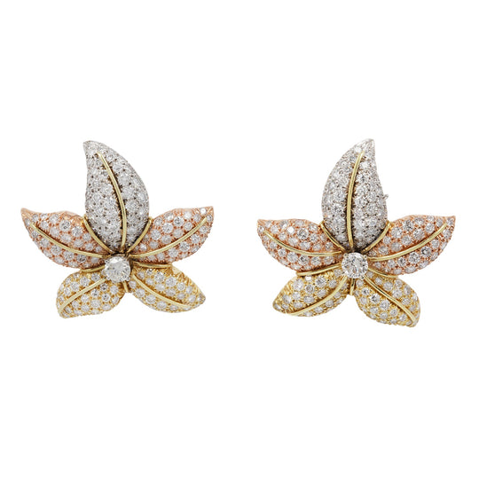 Tri-color Gold and Diamond Flower Earrings