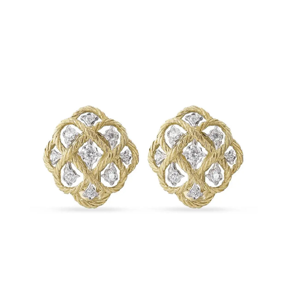 ETOILEE Diamond Earrings in 18k two-tone gold with rhomboidal shapes, twisted thread technique, and tiny lilies blooming with diamonds by Buccellati.