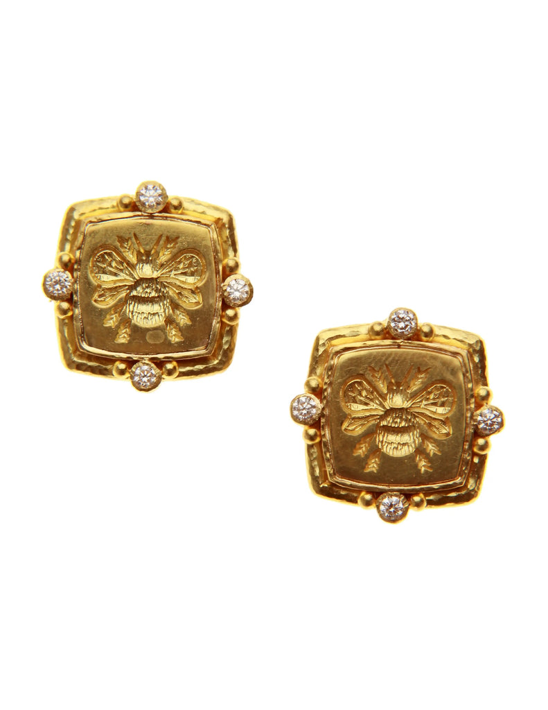 Gold bee and diamond cushion earrings in hammered 19k yellow gold, front view