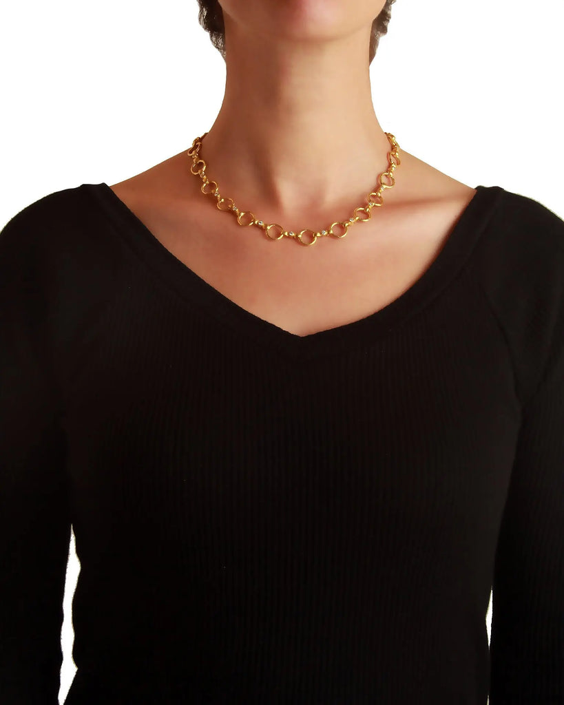 Hammered gold diamond Celtic link necklace shown worn at 17.0 inches